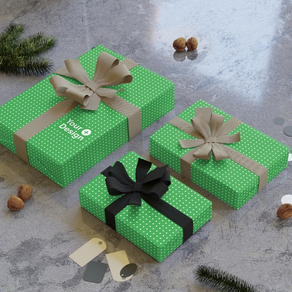 A mockup image of gift boxes in custom wrapping paper with a design placeholder lying on the floor.