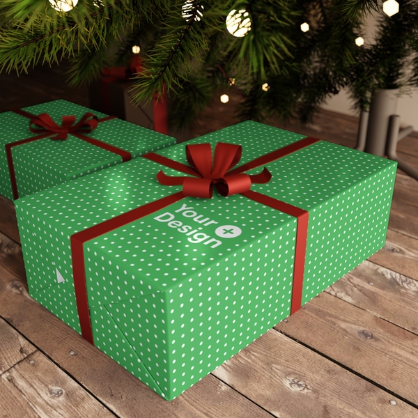 A mockup image of a gift box in custom wrapping paper with a design placeholder, placed under a tree.