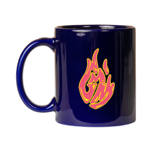 A black mug with a design of a flame made of the letters “GMM.”