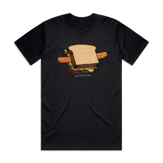 A black t-shirt with the design of a hot dog sandwich and the word “Mythical” printed underneath it.
