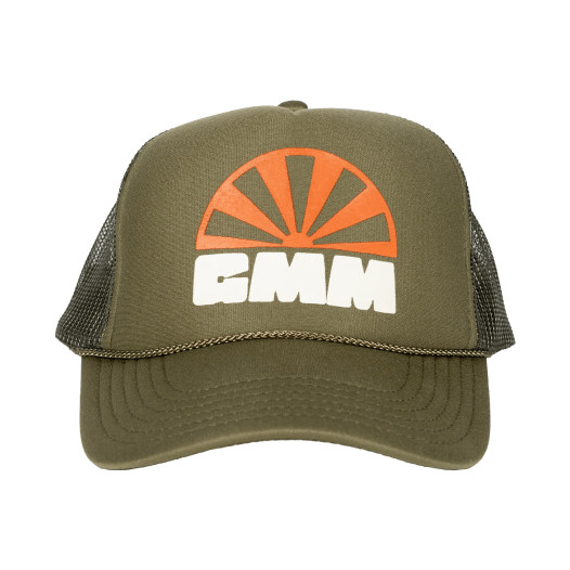 An olive green mesh trucker cap with the letters “GMM” printed on the front.