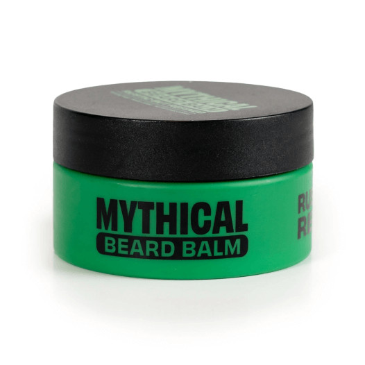 A green container of “Mythical Beard Balm.”