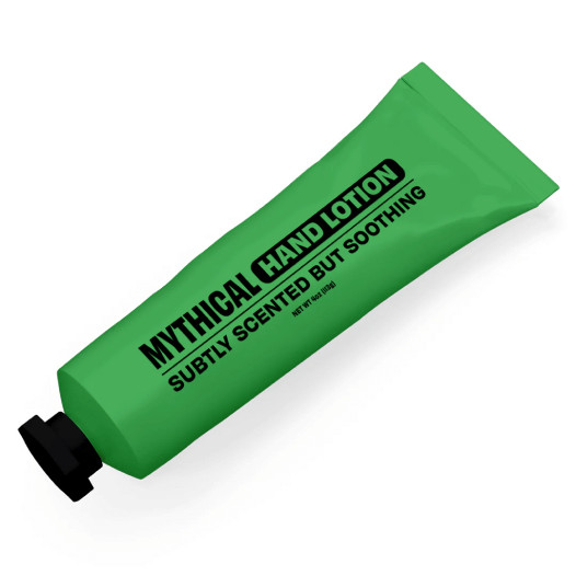 A tube of “Mythical hand lotion: subtly scented but soothing.”