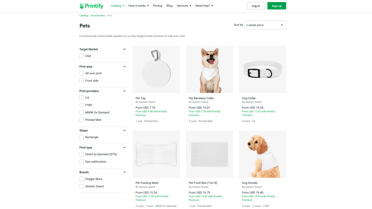 “Pets” category of the Printify Catalog, showing custom pet tags, pet bandanas, dog collars, feedings mats, and dog hoodies.