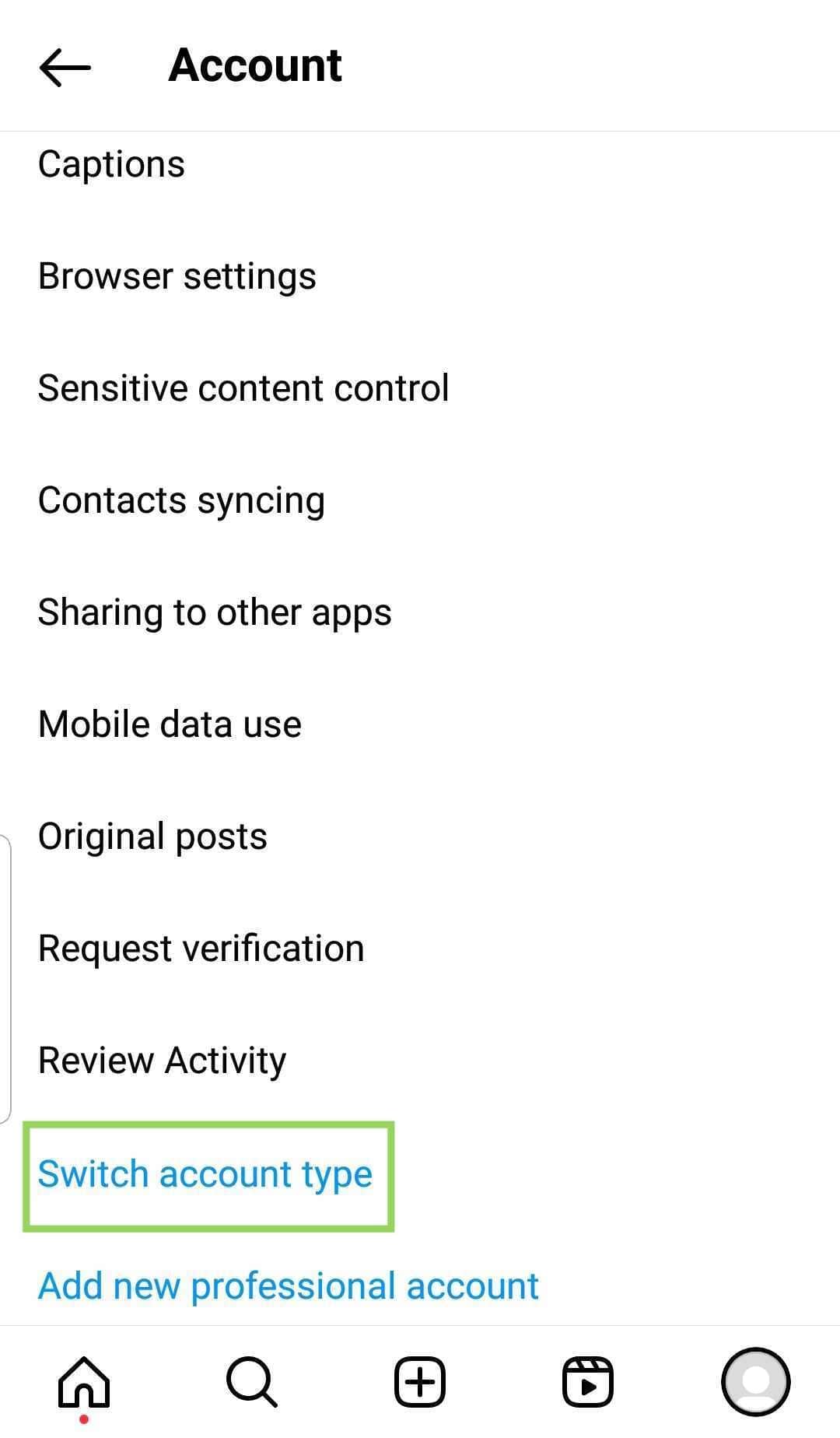 The “Account” menu of Instagram app settings with the “Switch account type” section highlighted.