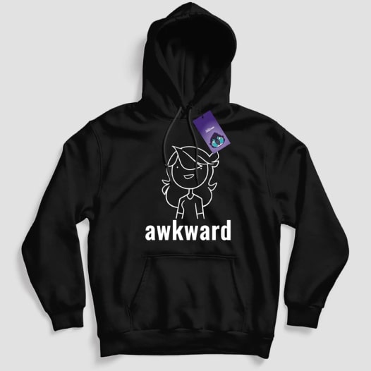 A black hoodie with a design of a cartoon girl and the word “Awkward” printed under it.