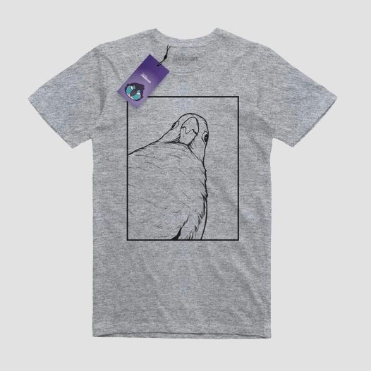 A gray t-shirt with a design of a parrot printed on the front.