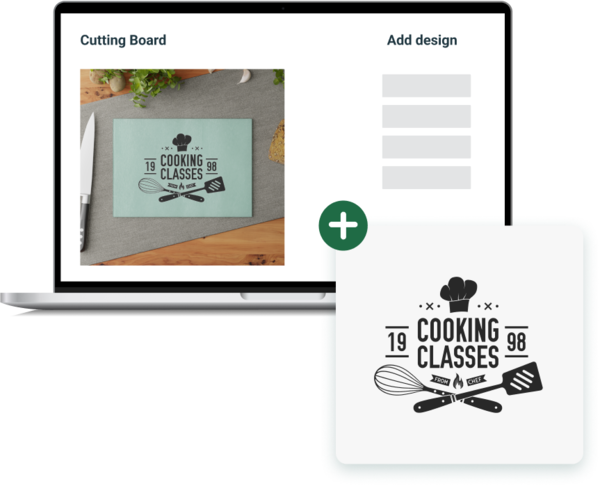 A laptop showing a cutting board and a custom design