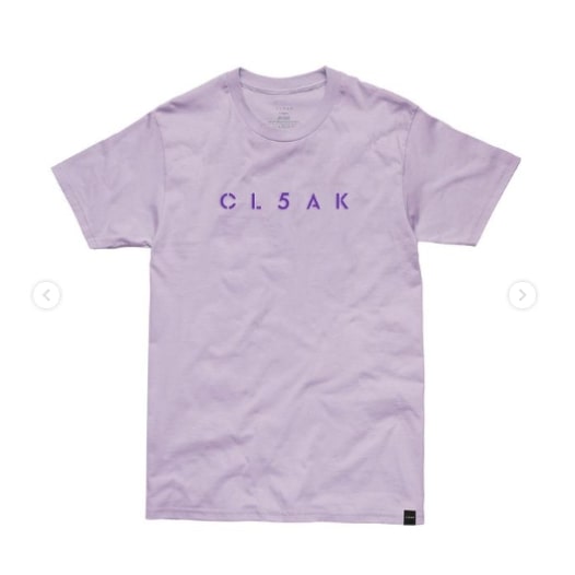 A lilac t-shirt with the brand name “Cloak” printed on the front.