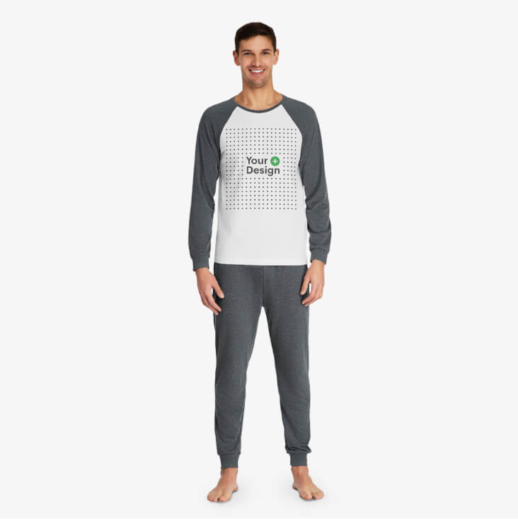Grey and white men's custom pajama set with the “Your design here” sign on the front of the shirt.