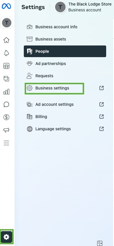 Left-hand menu on Meta Business Suite with the Gear icon and “Business settings” sections highlighted.