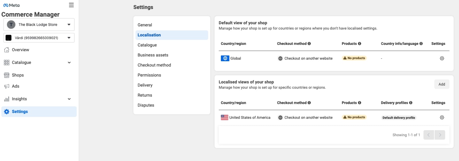 “Commerce Manager” section of Meta Business Suite with the Localization Settings highlighted.