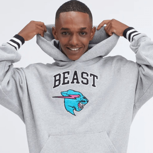 A man wearing a gray hoodie with the logo of a blue panther and the word “Beast” printed above it.