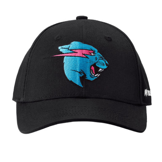 A black cap with a design of a blue panther embroidered on the front.