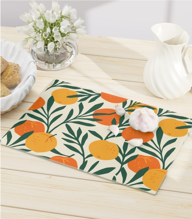 A custom cutting board with an orange pattern