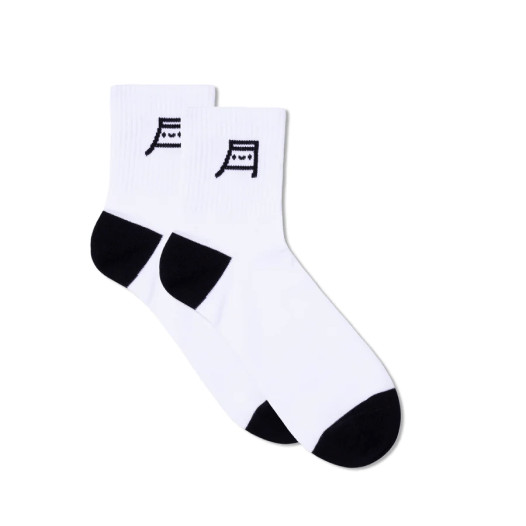 White socks with a cute Japanese letter-styled character design printed on them.