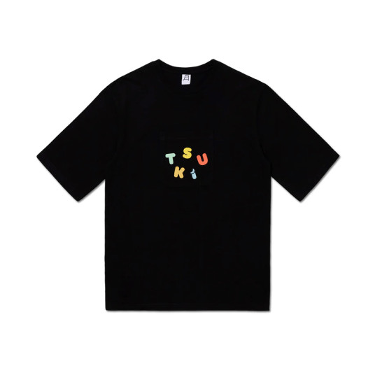 A black t-shirt with the brand name “Tsuki” printed on the front.