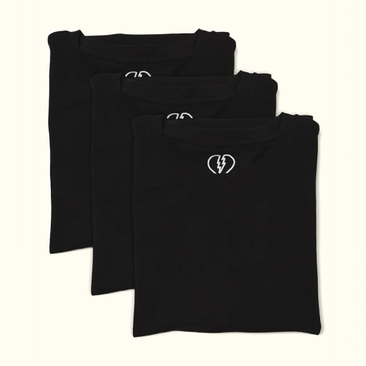 Three black tees with a brand logo on the inner neck label.