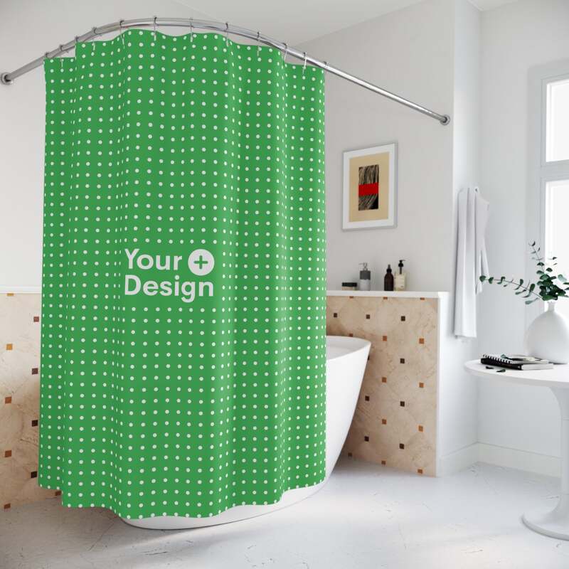 A mockup image of a custom shower curtain with a design placeholder.