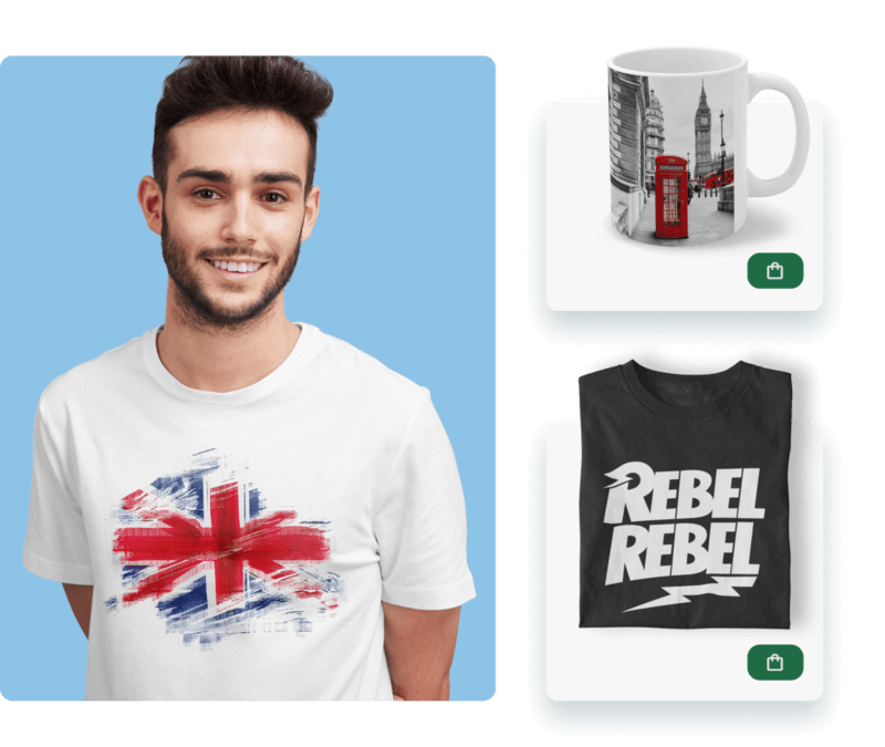 an image of a man wearing a t-shirt with the UK flag on it, a mug with the photo of a red telephone booth and Big Ben, and a black t-shirt with the word “Rebel” on it