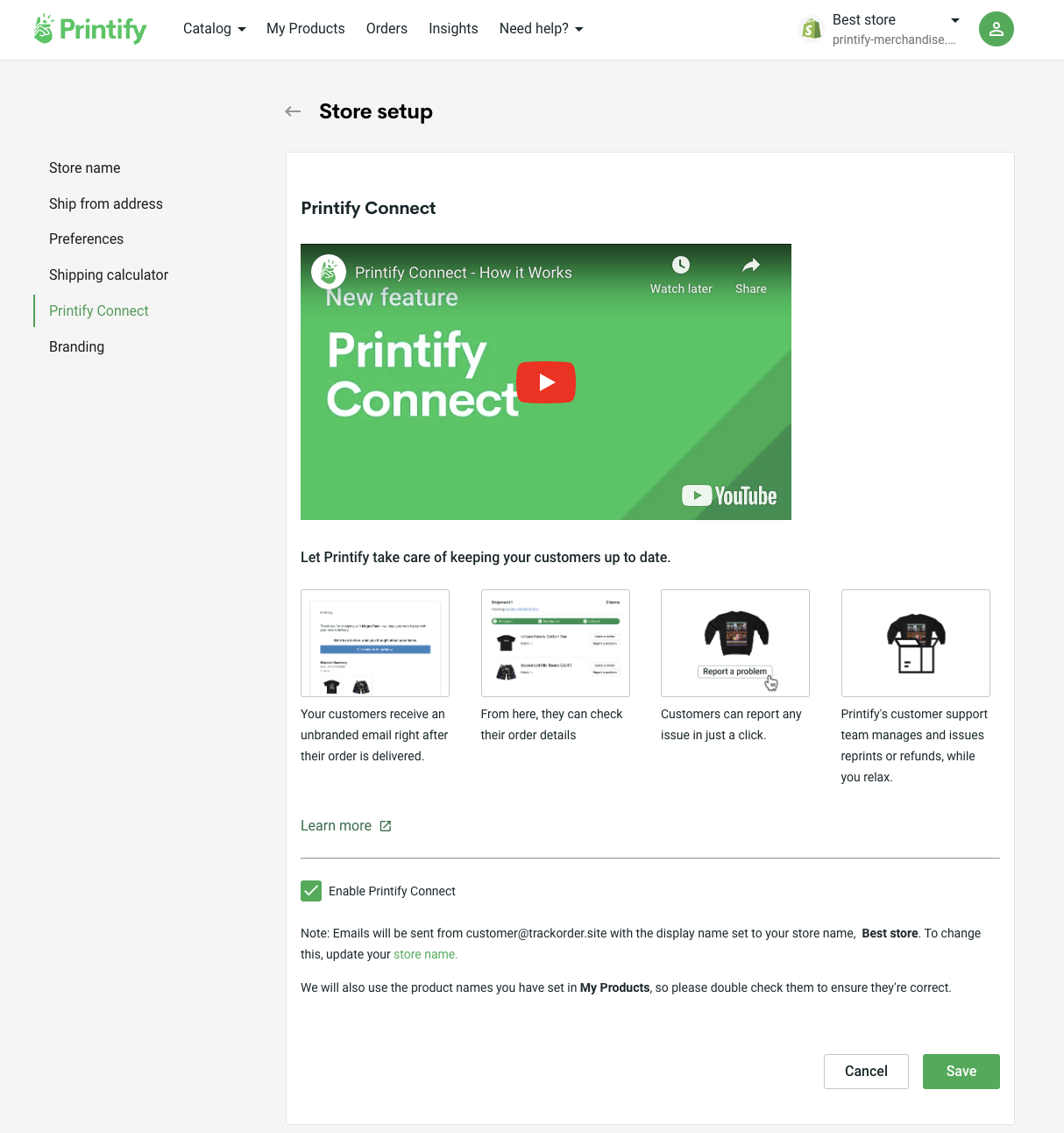 Printify Connect section of the “Store setup” page with the “Enable Printify Connect” box checked.