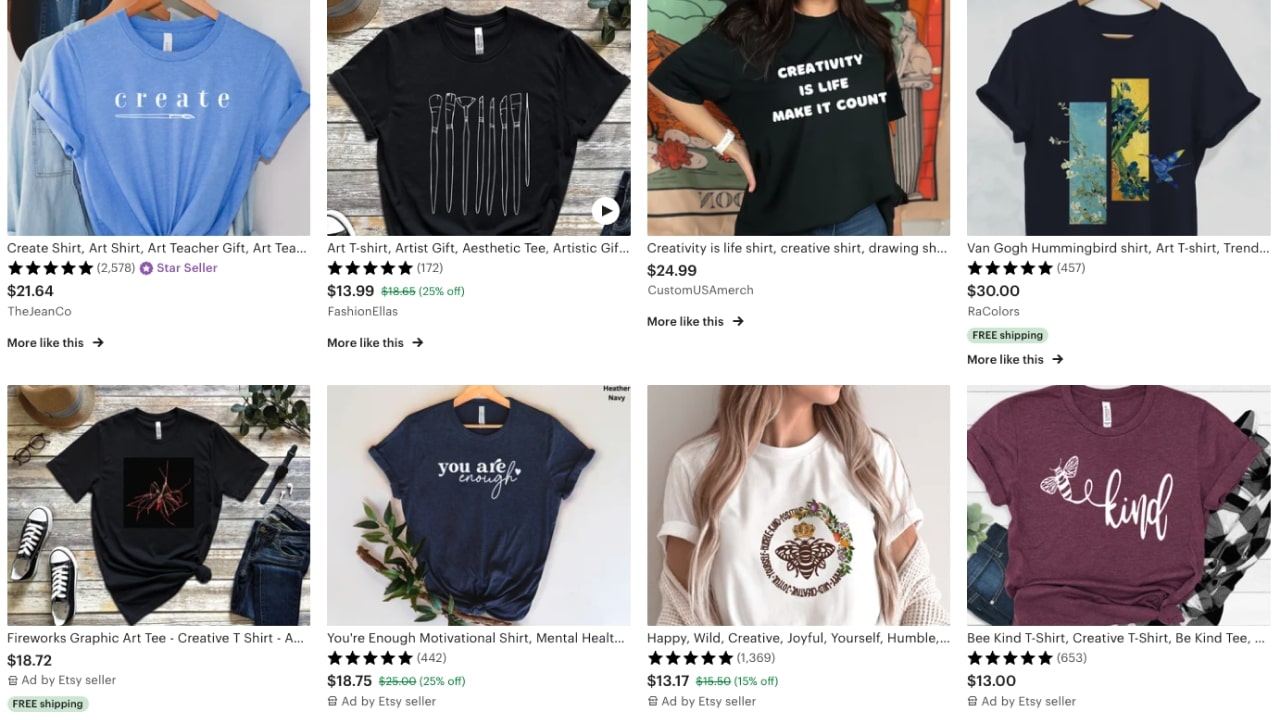 Shirt listings on Etsy displaying a variety of designs and prices.