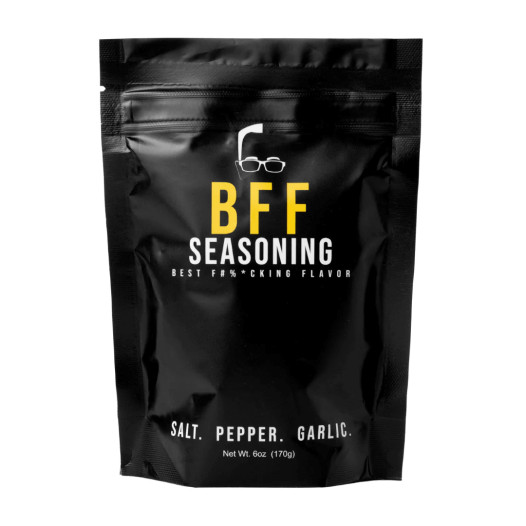 A packet of BFF Seasoning – salt, pepper, and garlic mix.