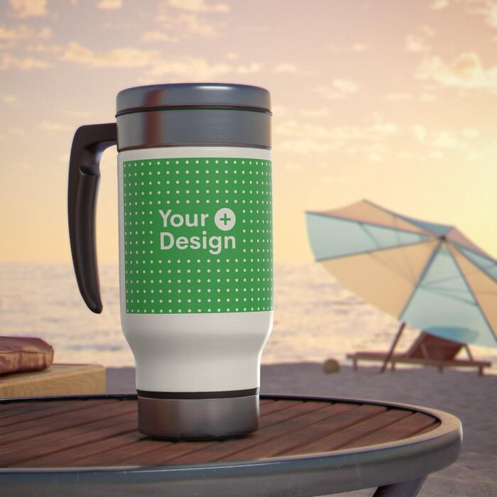 Stainless steel travel mug with a “Your Design here” sign on its side.