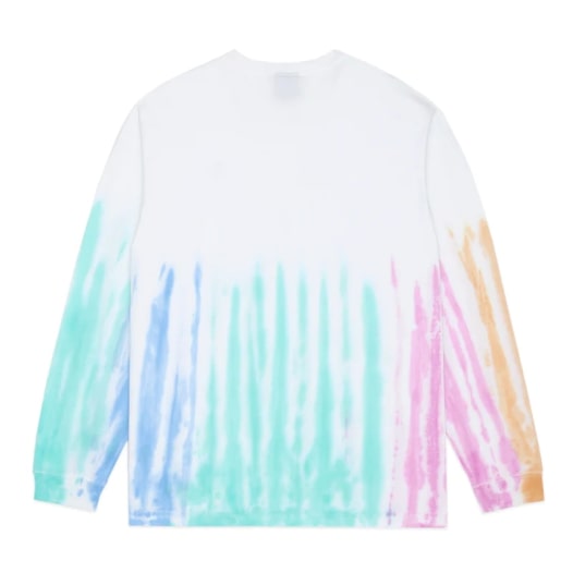 A white long-sleeve shirt with a faded tie-dye design.