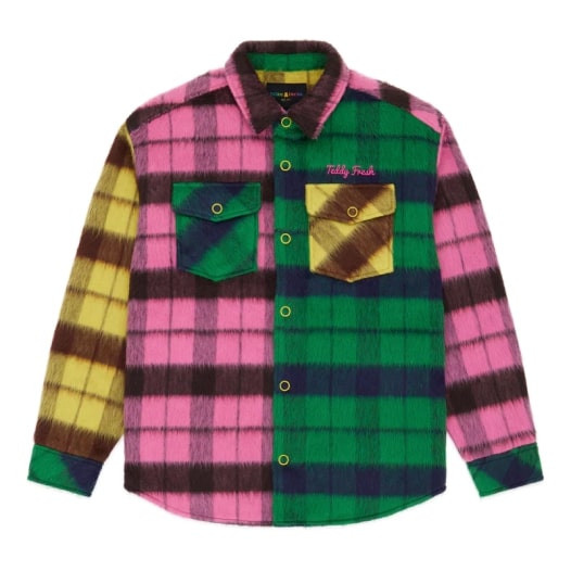 Teddy Fresh flannel shirt with a pink, green, and yellow block design