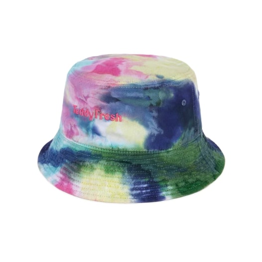 Teddy Fresh tie-dyed bucket hat with the brand name embroidered on the front.