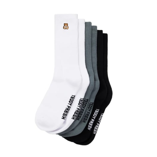 Teddy Fresh socks with the brand name on the bottom part and the brand logo of a tiny bear at the top ankle area.