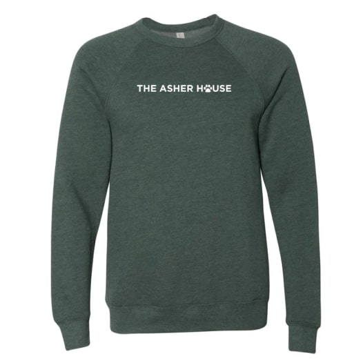 A moss green long-sleeve shirt with the text “The Asher House” printed on the front.