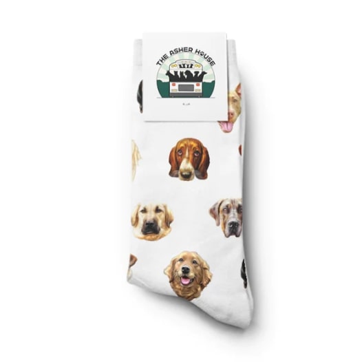 “The Asher House” brand socks with a pattern of dog pictures.