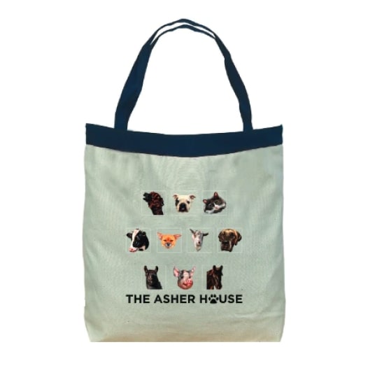 “The Asher House” brand tote bag with a pattern of animal pictures.