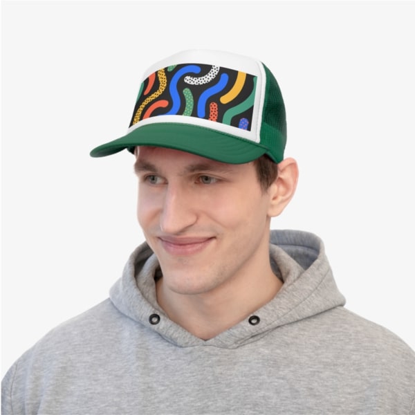 A man wearing a custom trucket hat with an illustration on it.