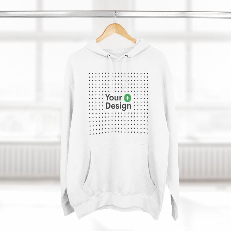 White pullover hoodie with the “Add your design” sign on the front.
