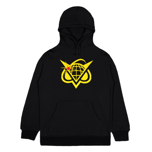 A black hoodie with a yellow owl design on the front.