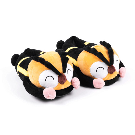 A pair of black and yellow owl-shaped slippers.