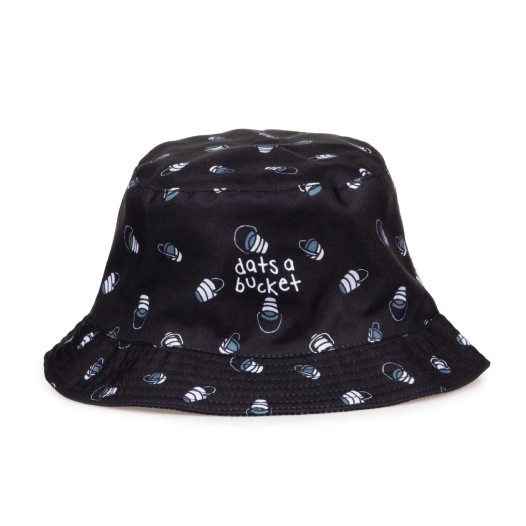 A bucket hat with a bucket-pattern print and the text “Dats a Bucket” printed on it.