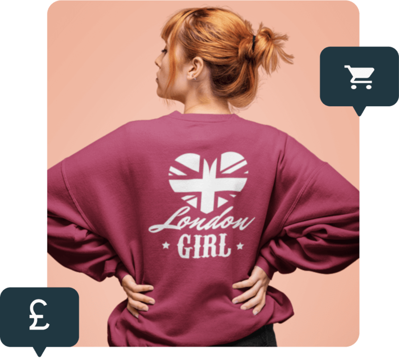 back view of a woman wearing a pink sweatshirt with a custom print that says “London Girl”