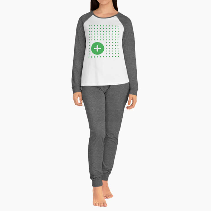 Grey and white women's custom pajama set with the “Your design here” sign on the front of the shirt.
