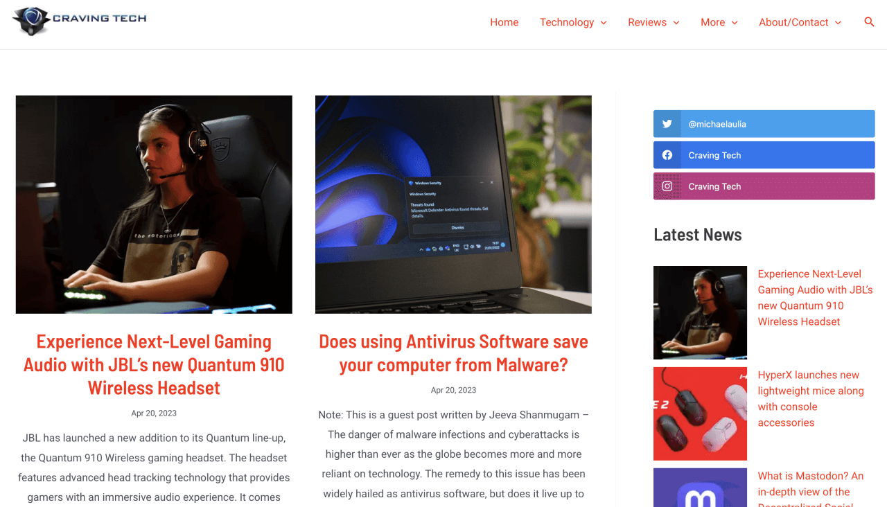 A screenshot of the Craving Tech homepage header