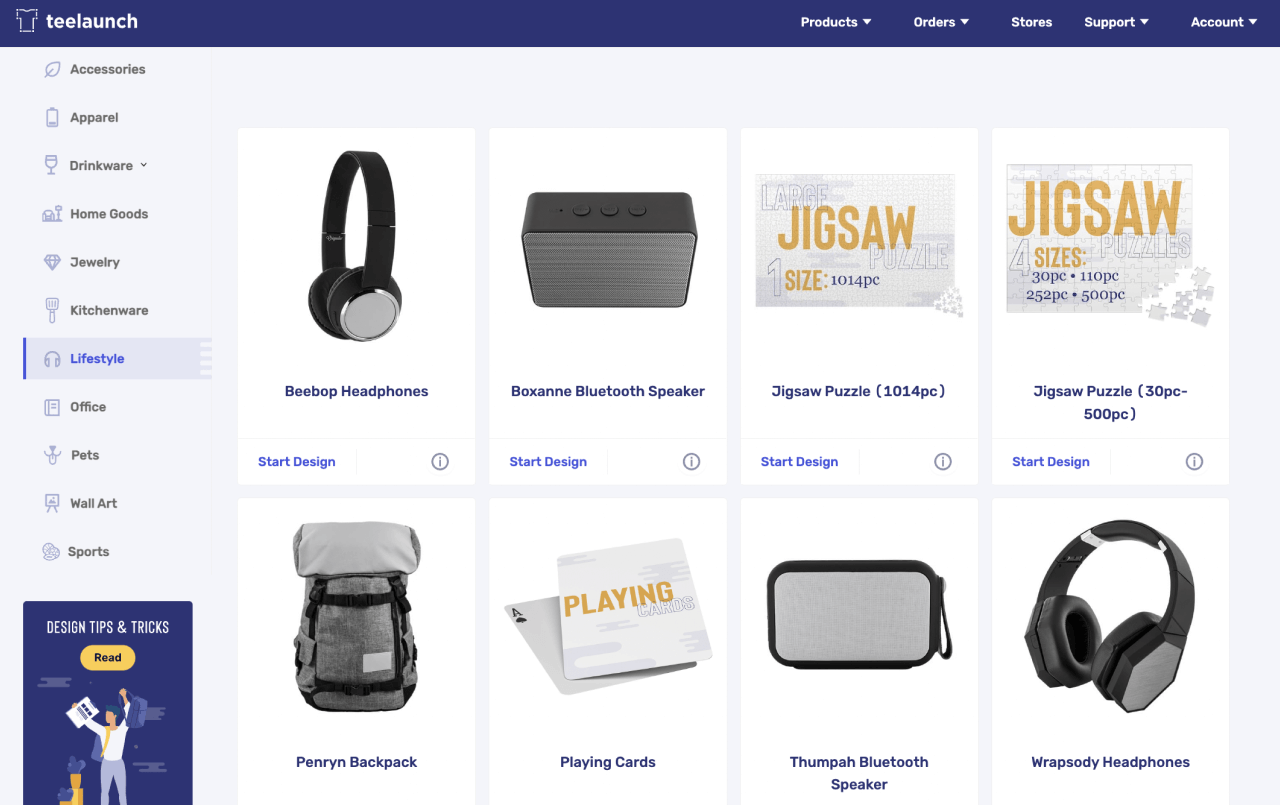 A screenshot of the Teelaunch products page