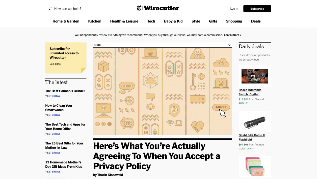 A screenshot of the Wirecutter homepage header.