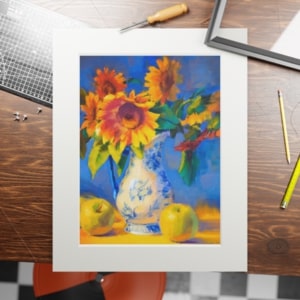 Framed fine art print of a still life painting of sunflowers in a vase.