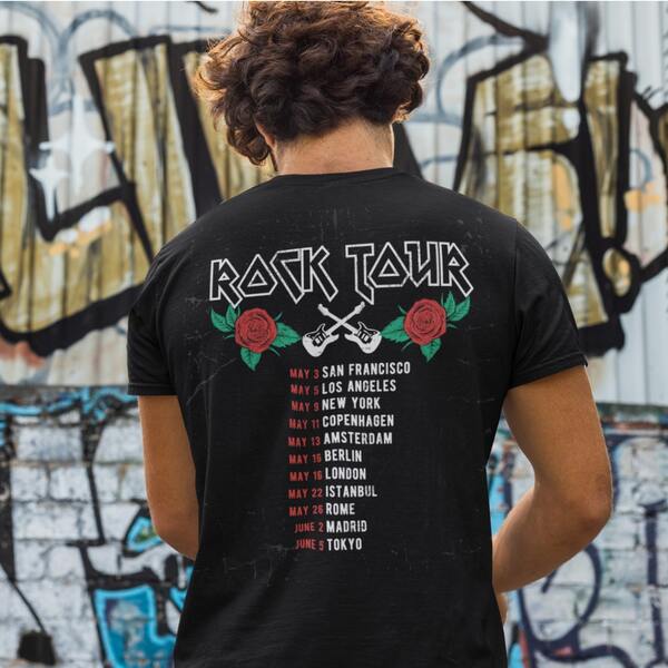 An image of a custom t-shirt with a rock bands concert tour dates.