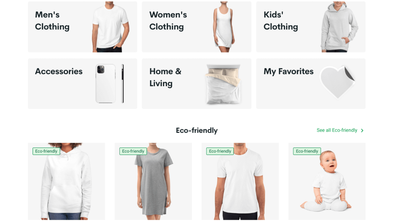 Printify's main Catalog categories – men's clothing, women's clothing, kids' clothing, accessories, and home and living products.