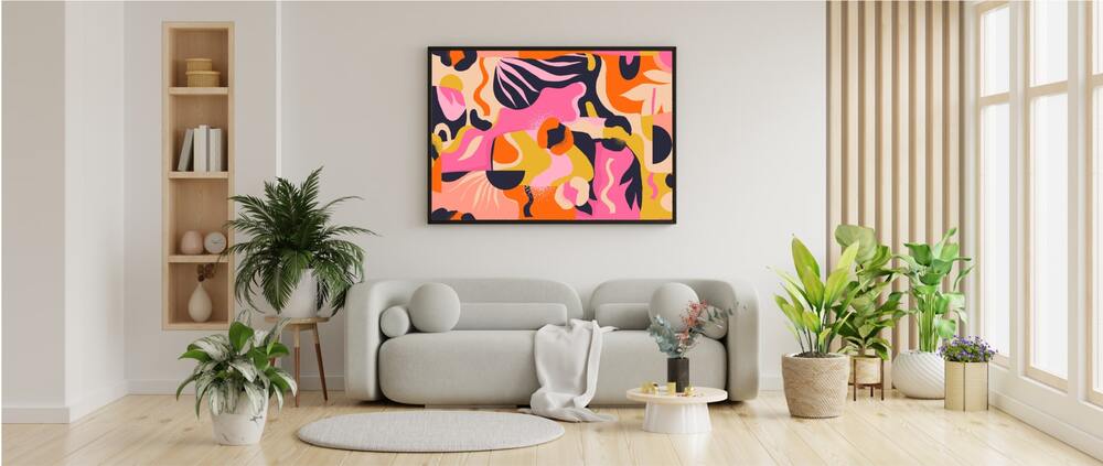 An image of a large custom framed canvas with abstract graphics.