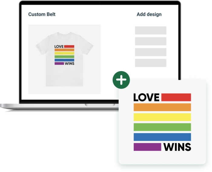 Laptop screen with the Printify mockup interface shows how to add designs by uploading a pride-themed image to a t-shirt template.